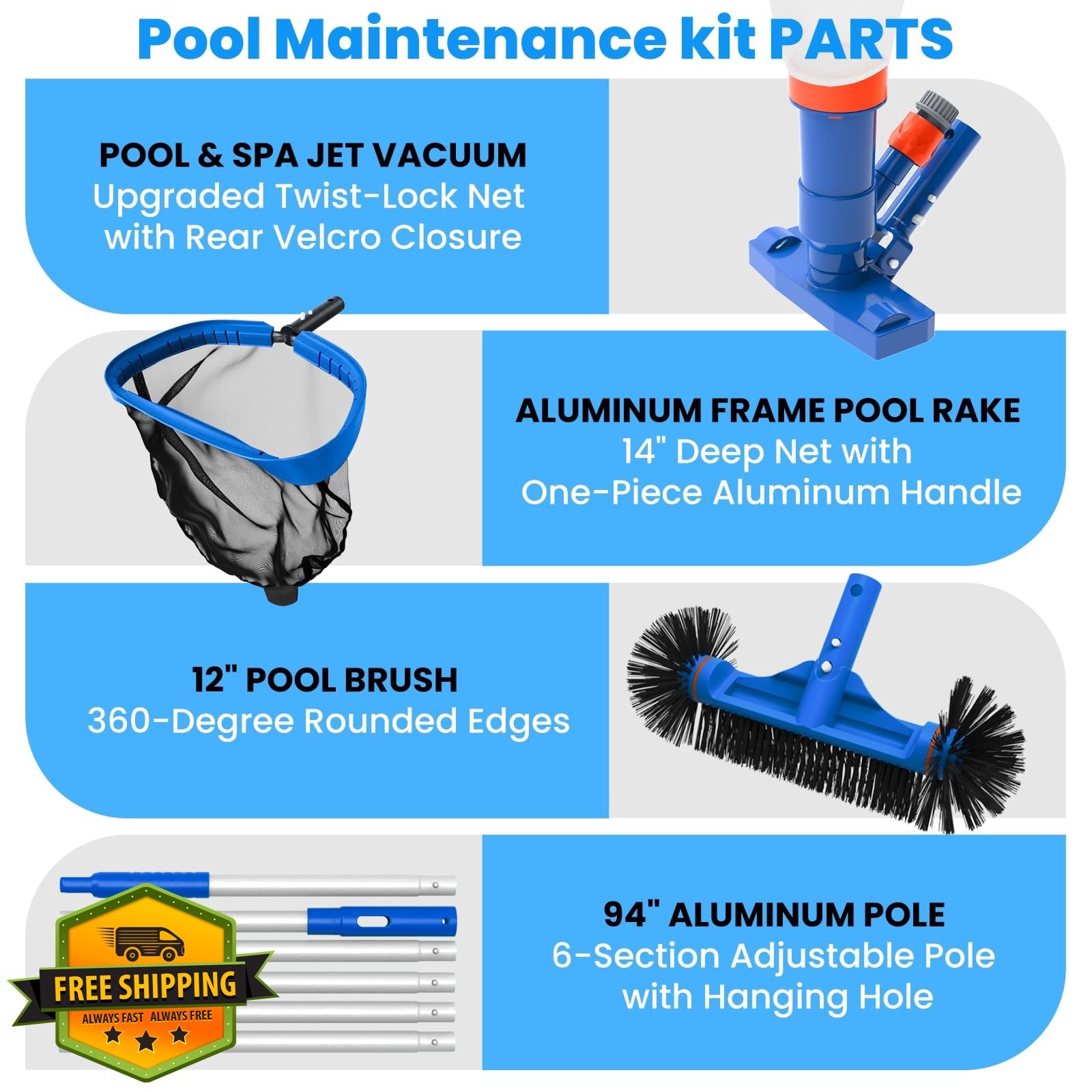 Poolvio Pool Cleaning Kit Spa Jet Vacuum 8ft Pole