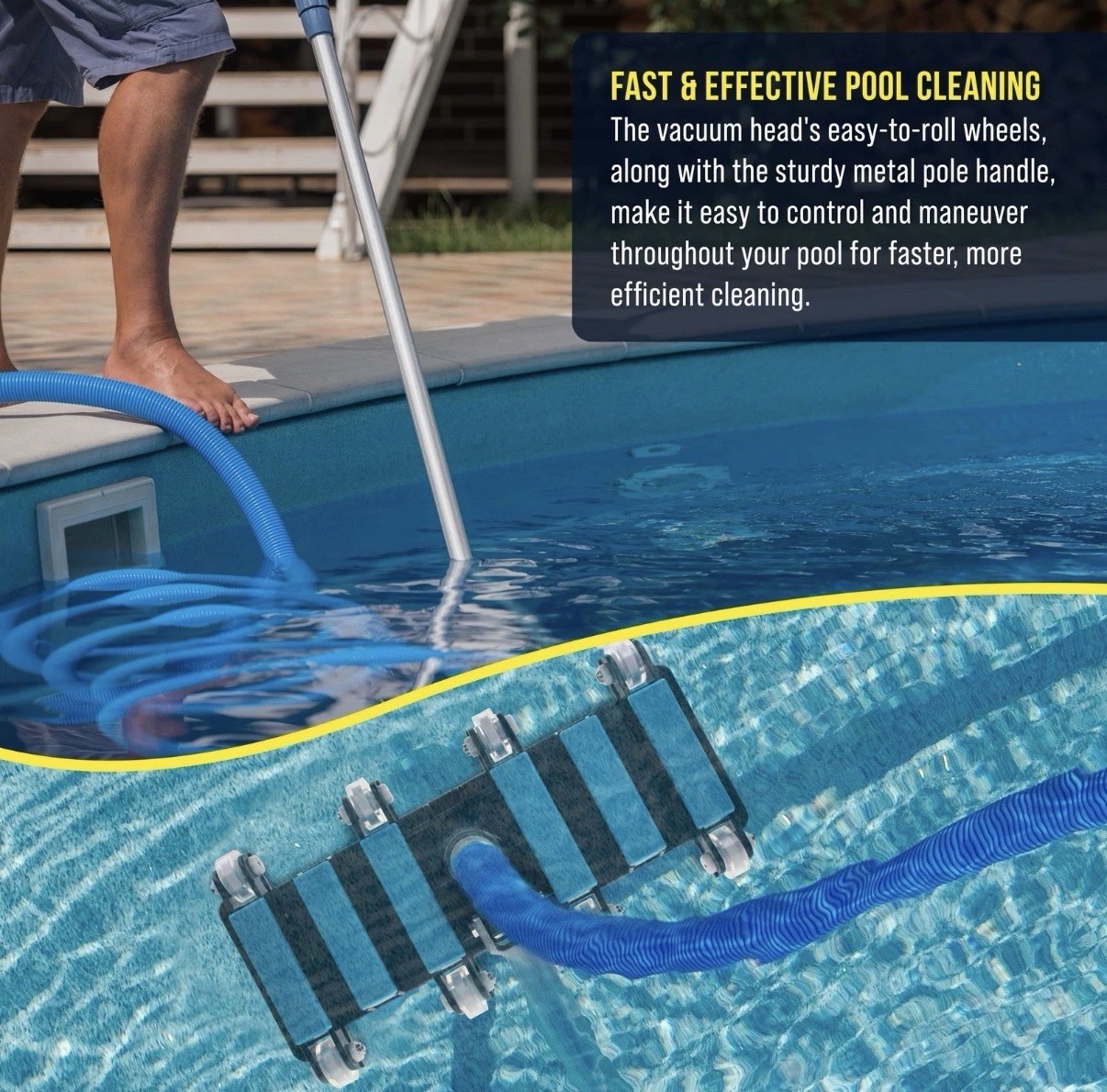 Manual Pool Vacuum Head for Inground Pools, Extra-Wide, Weighted – 1.5&Prime; Hose