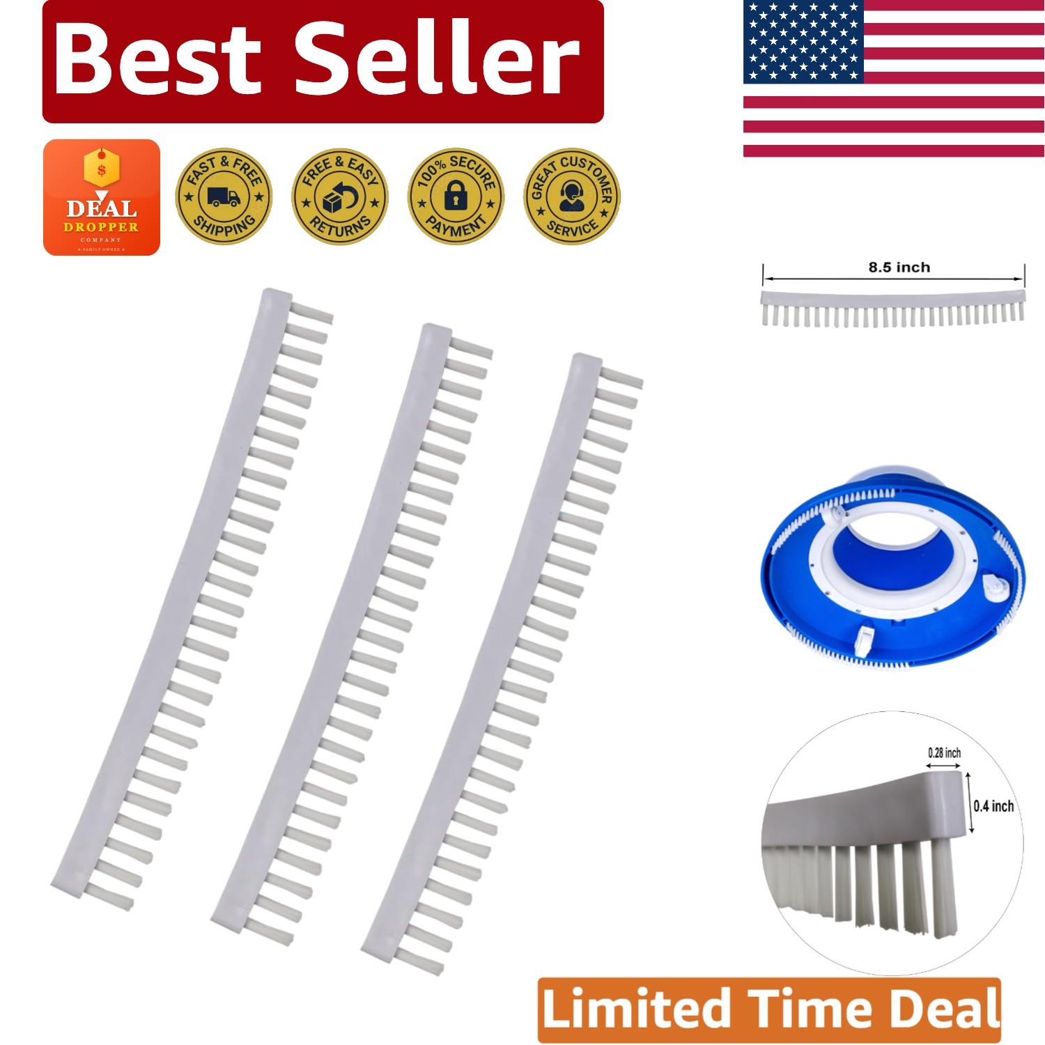 3-Piece Rectangular Pool Cleaner Brush Strips – Versatile Leaf Gulper Compatible