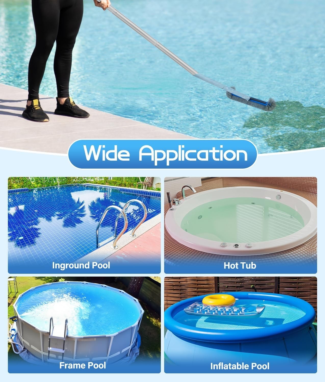 17.4 » Pool Brush Head with Aluminum Handle for Walls, Steps, Corners