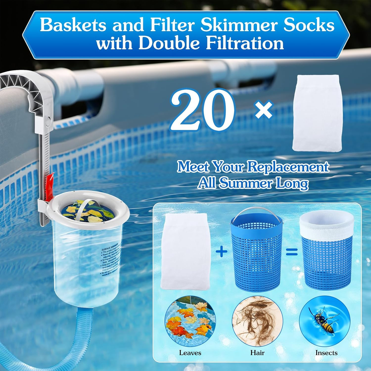 Above Ground Pool Skimmer Kit with 20 Surface Skimmer Socks