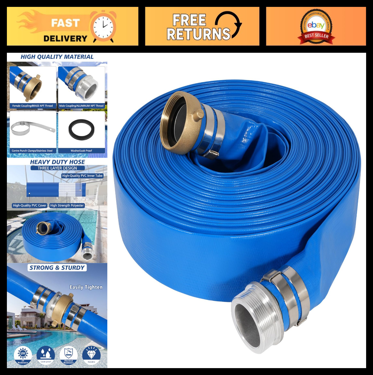 1.5&Prime; x 50ft Heavy Duty Backwash Hose for Pools – Durable PVC Water Discharge wit