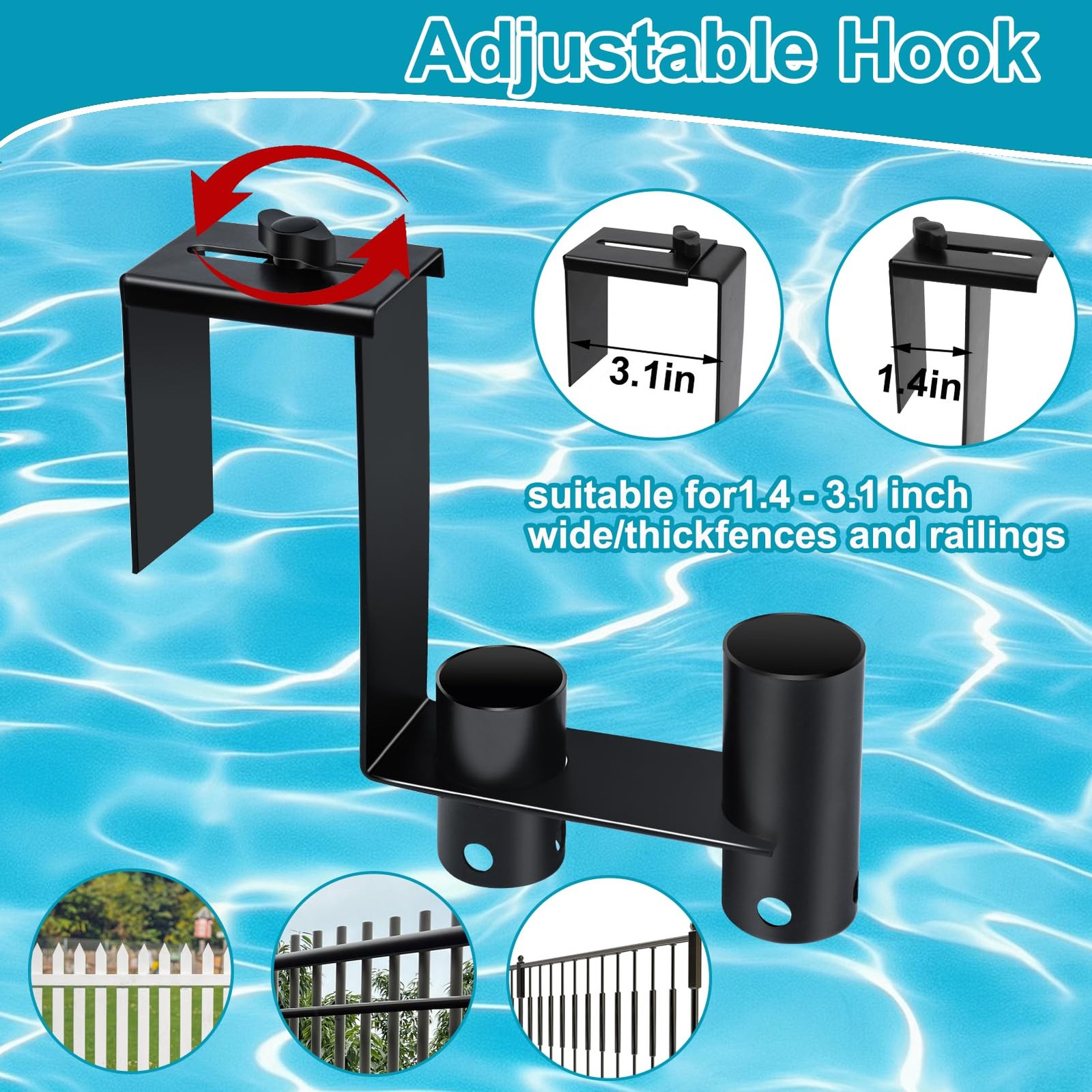 Adjustable Pool Fence Hooks Metal Organizer for Cleaning Tools & Accessories