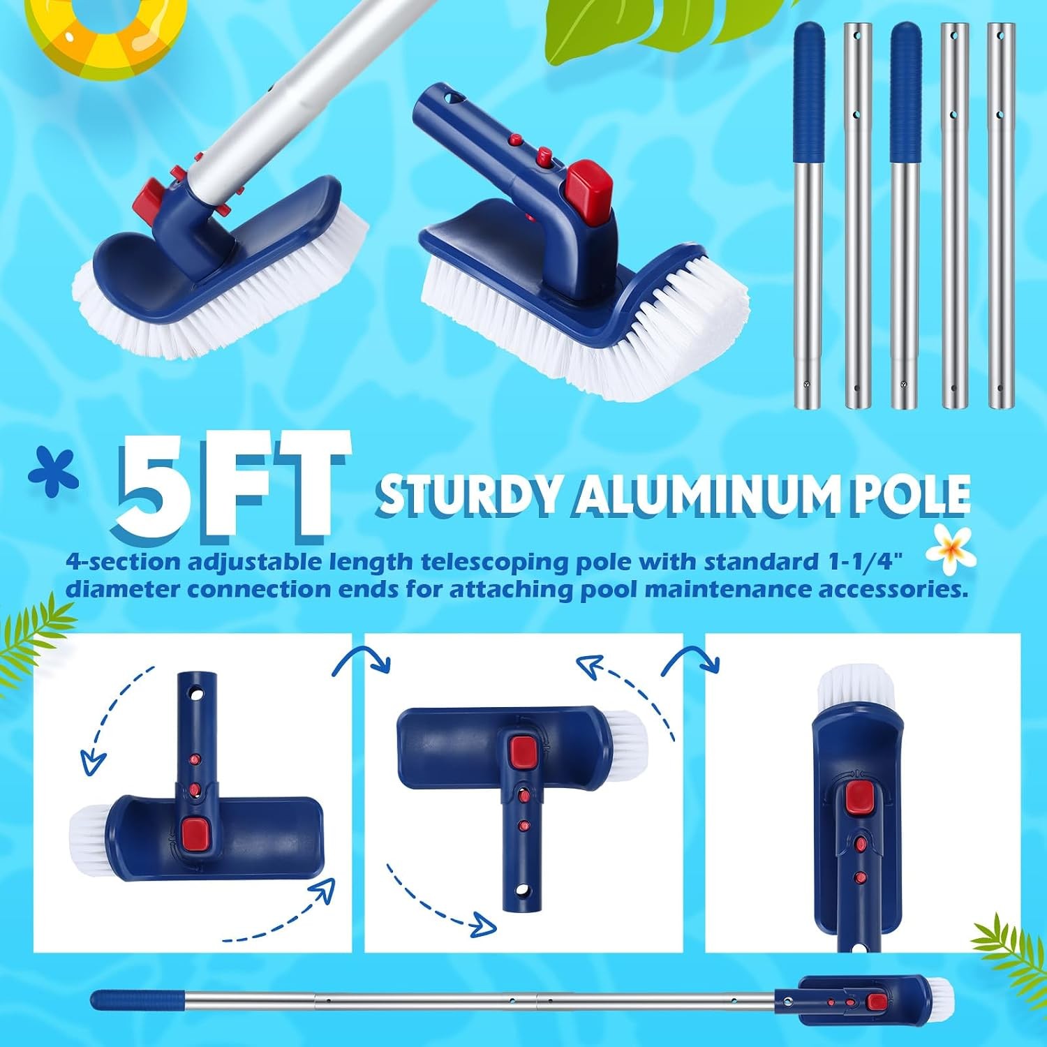 FillTouch Pool Cleaning Kit: 3 Skimmer Nets, 3 Brushes, Pole