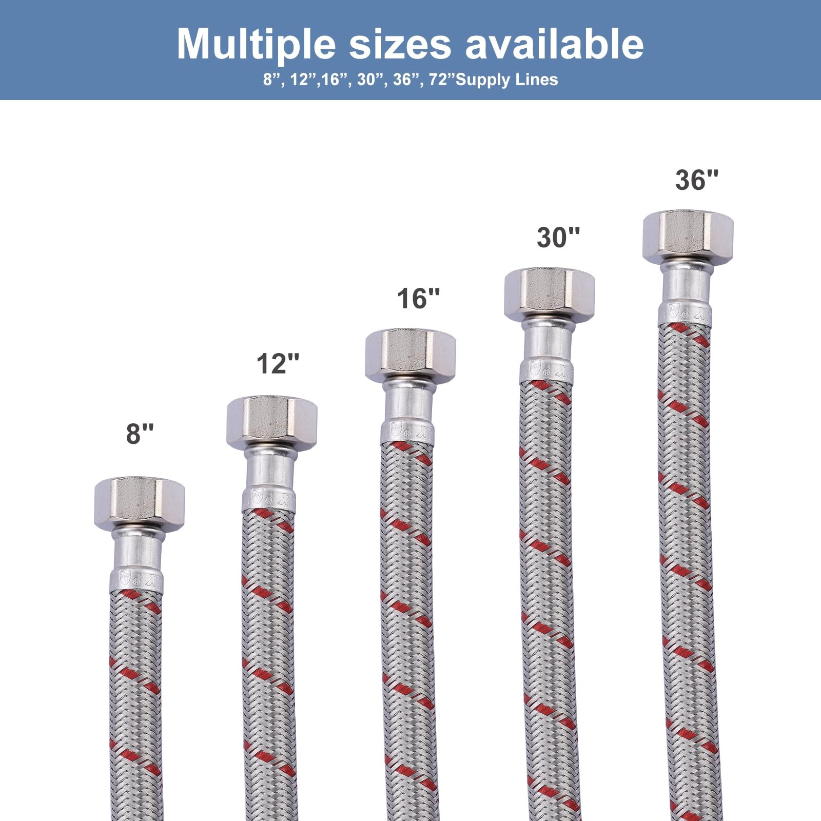 72 Inch Length Faucet Hose 1/2” to 1/2”, ARCORA Braided 72 Inch, Silver