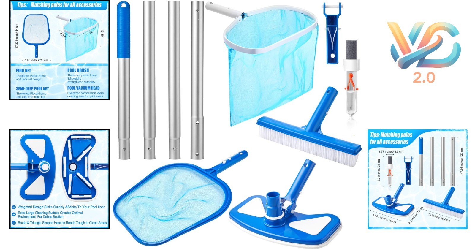 Pool Cleaning Kit 5 Pieces with Aluminum Telescopic Pole, Brush, Skimmer Net,…