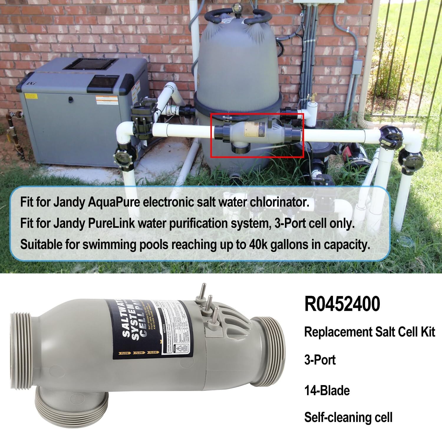 Complete R0452400 3-Port Salt Cell Replacement for Zodiac Jandy AquaPure PLC140