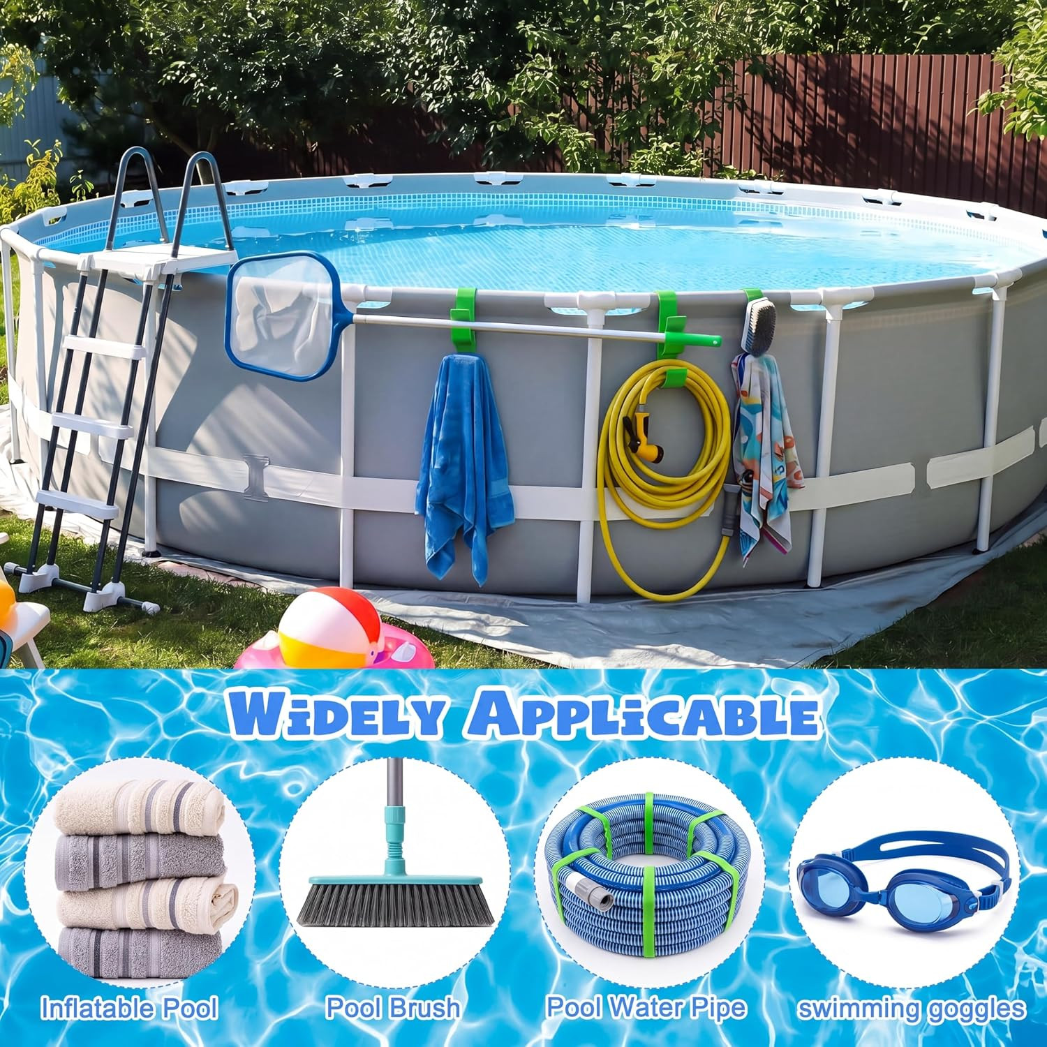 2 Pack Adjustable Pool Pole Hanger with 3 Hooks, Pool Fence Hooks Clip-On Poolsi