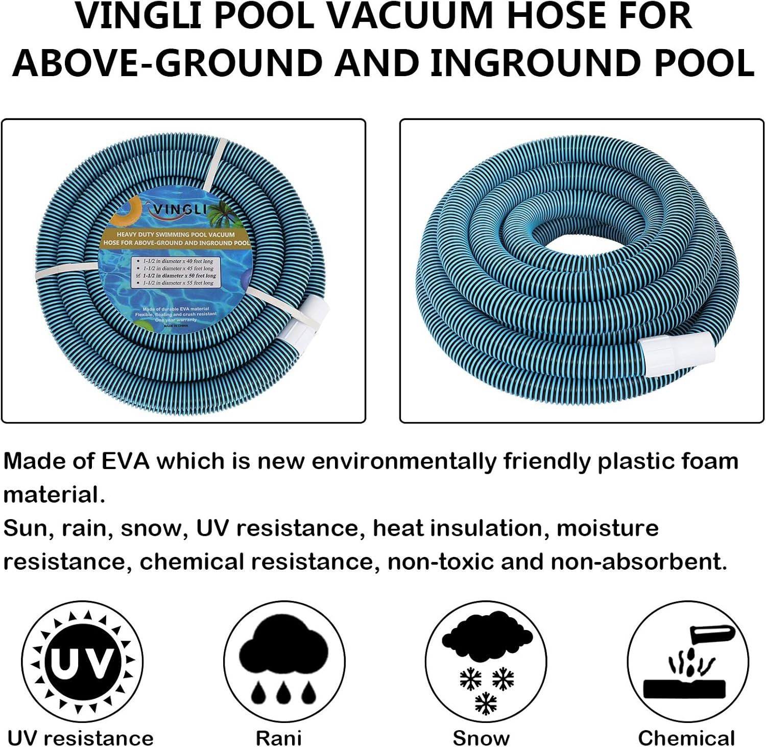 Blue 1-1/2-Inch x 50-Foot Pool Vacuum Hose Heavy Duty EVA