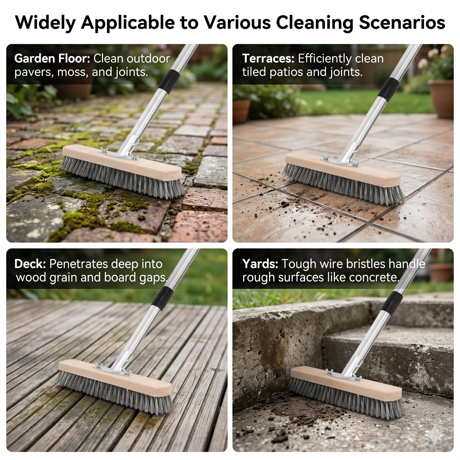 Heavy Duty Stainless Steel Scrub Brush with Long Handle for Concrete & Decks