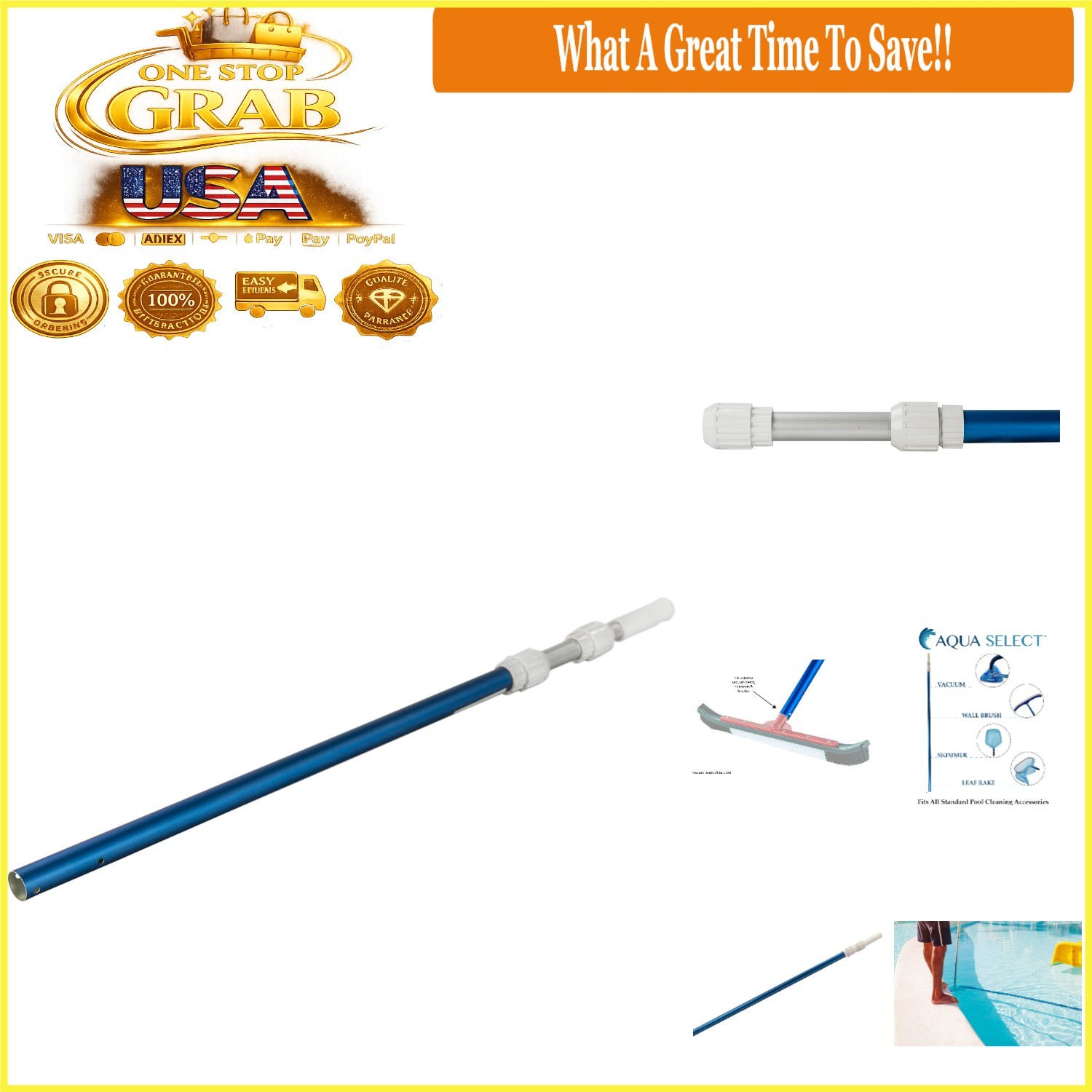 7-21 FT Telescoping Pool Vacuum Pole Aluminum Heavy Duty for Skimmers & Brushes