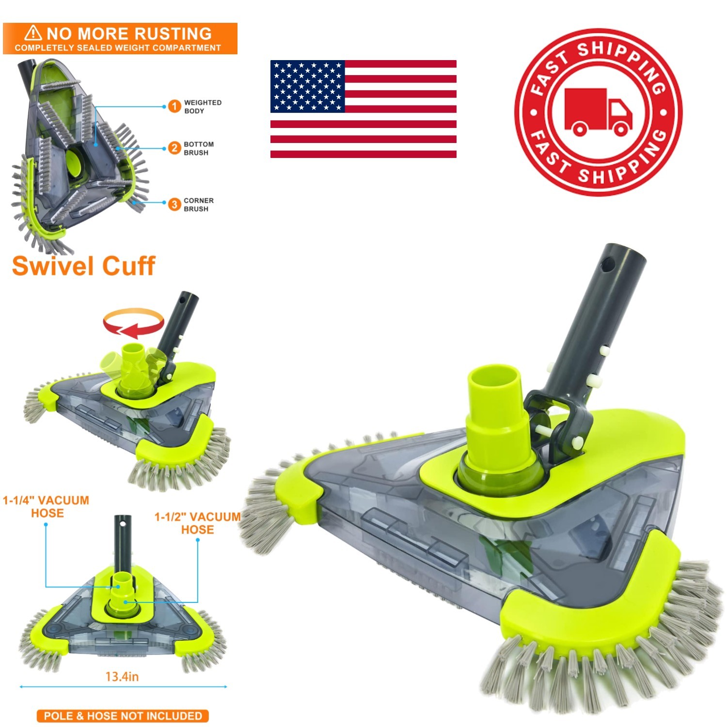 Heavy Duty Pool Vacuum Head with Side Brush and Universal Hose Compatibility