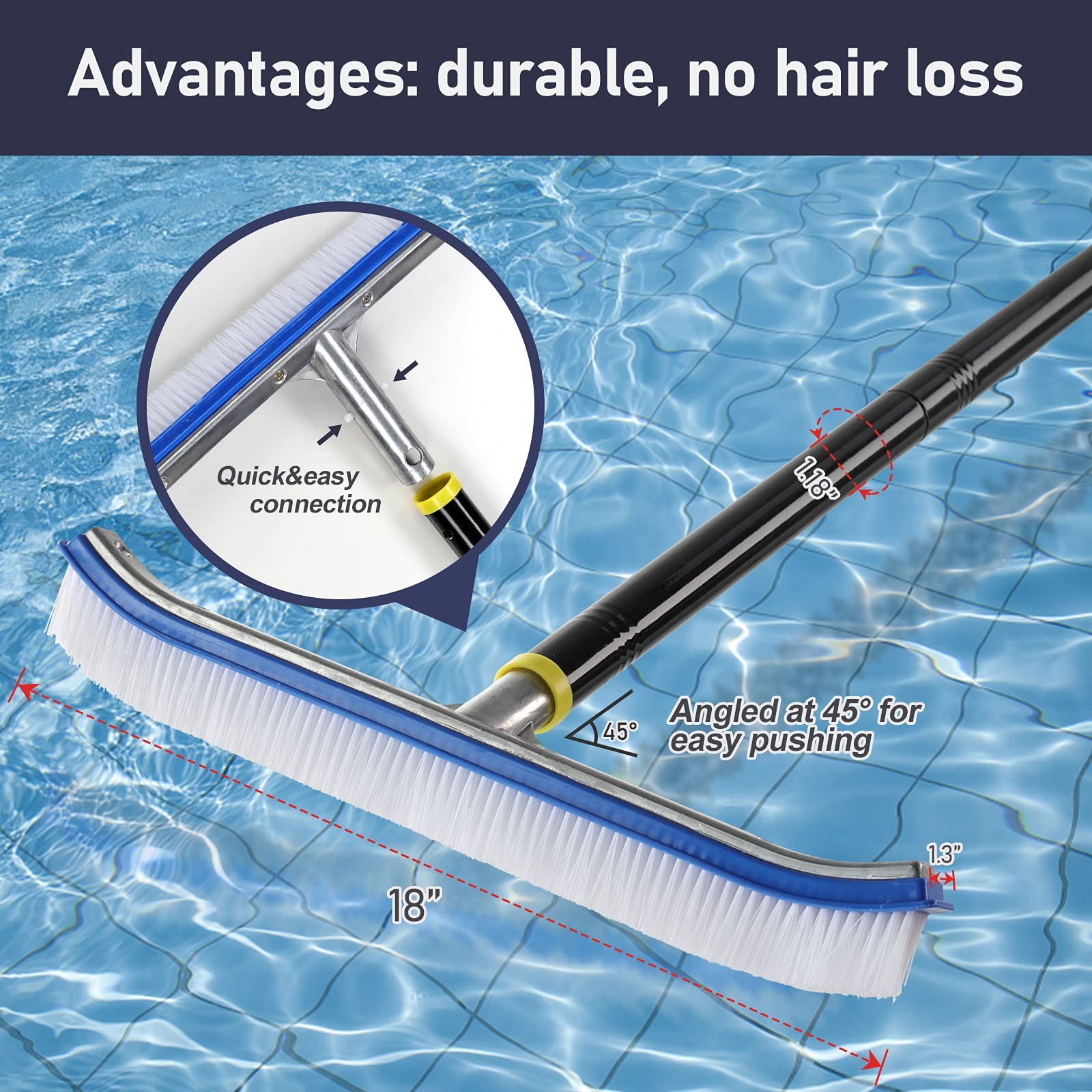 Swimming Pool Wall Tile Brush,18&Prime; Polished Aluminum Back Pool Scrub Brush Hea…