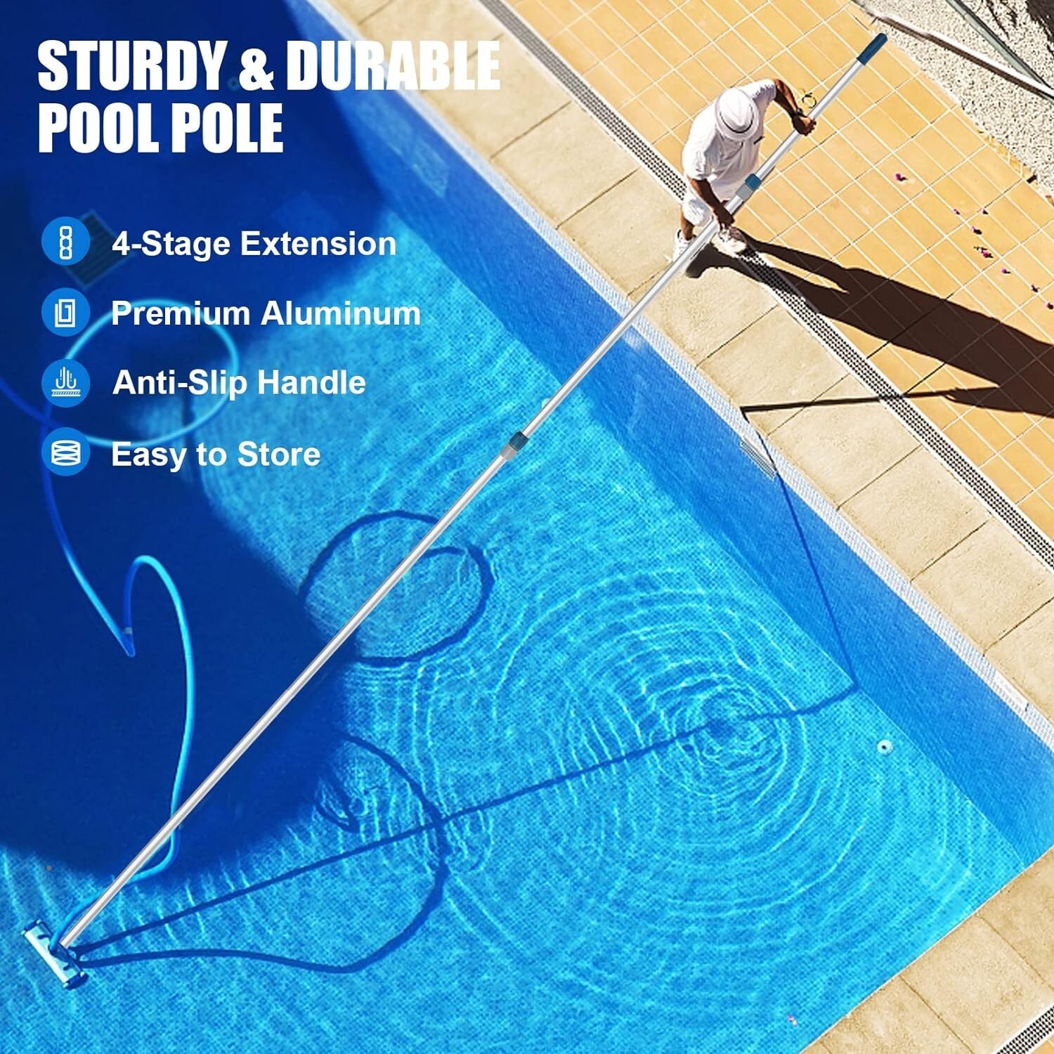 Professional 16 Foot Telescopic Aluminum Swimming Pool Pole-Attach Connect