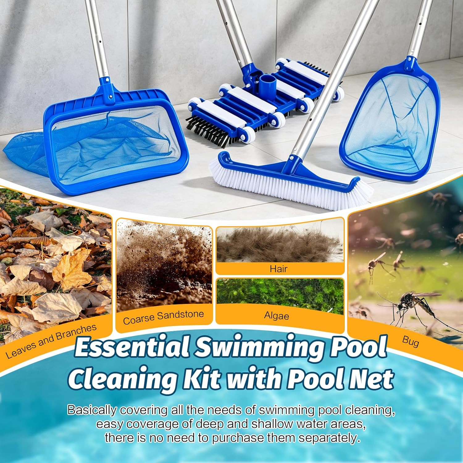 4-in-1 Pool Vacuum Cleaning Kit with 8.8ft Pole & Skimmer Nets for All Pools