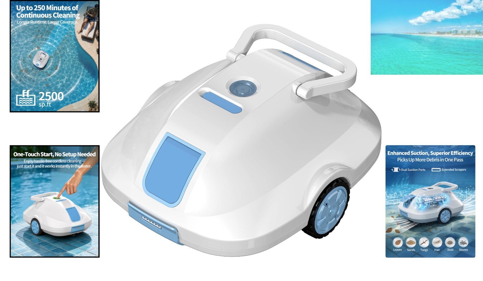 Advanced Automatic Pool Cleaning Robot for Above & Inground Pools, White Finish