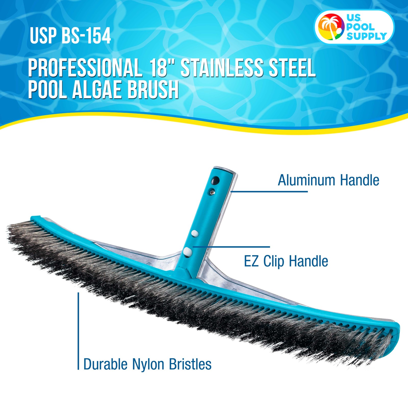 18&Prime; Stainless Steel Pool Brush with Aluminum Handle, EZ Clips – Durable Bristles