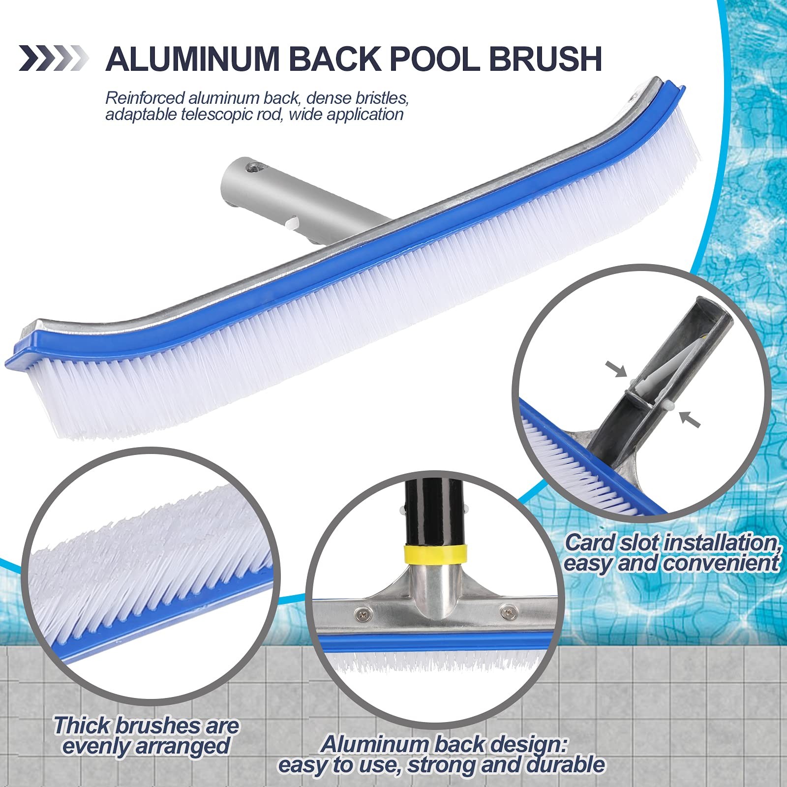 Swimming Pool Wall Tile Brush,18&Prime; Polished Aluminum Back Pool Scrub Brush Hea…
