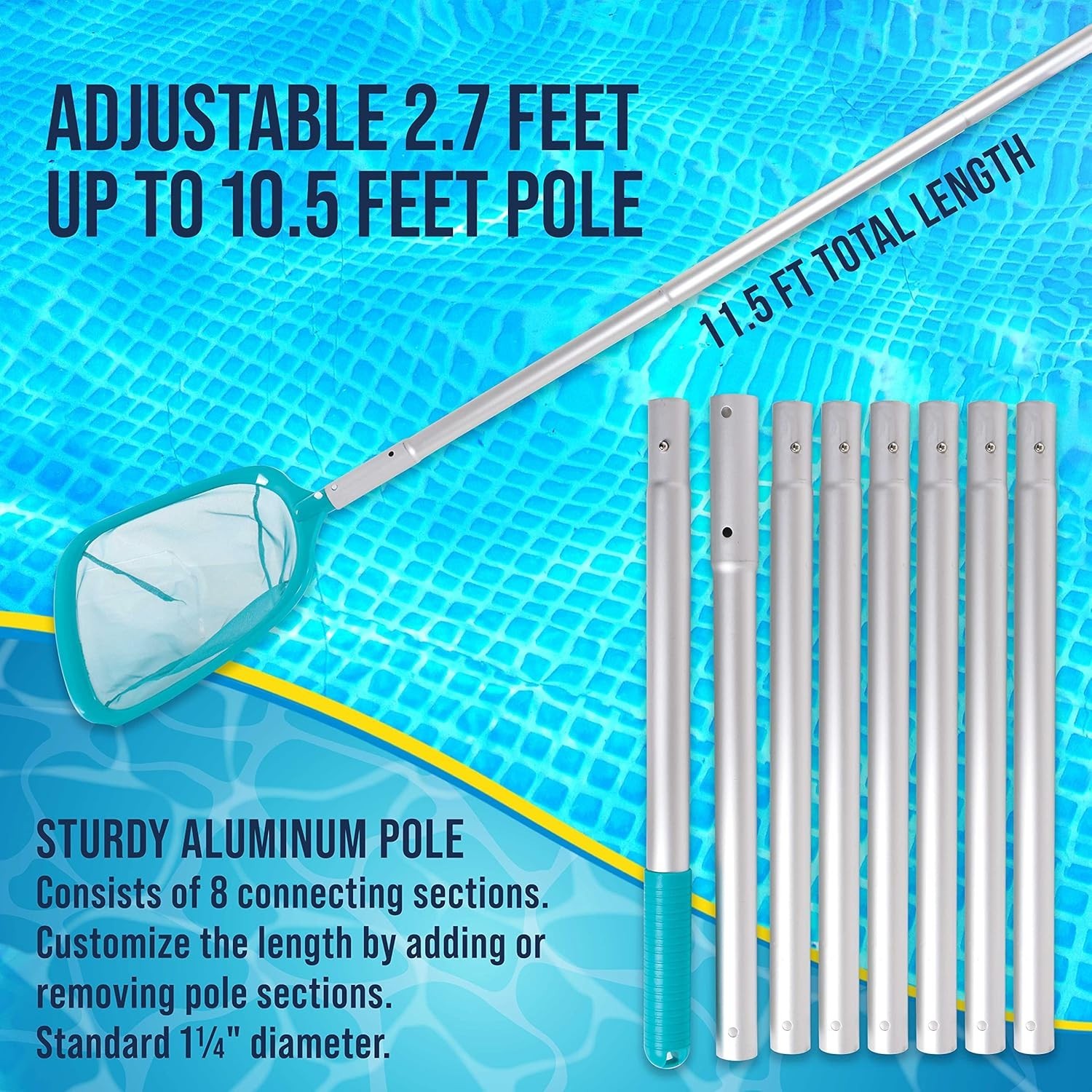 11.5 Foot Swimming Pool Leaf Skimmer Net with Telescopic Aluminum Pole, 8 Sec…