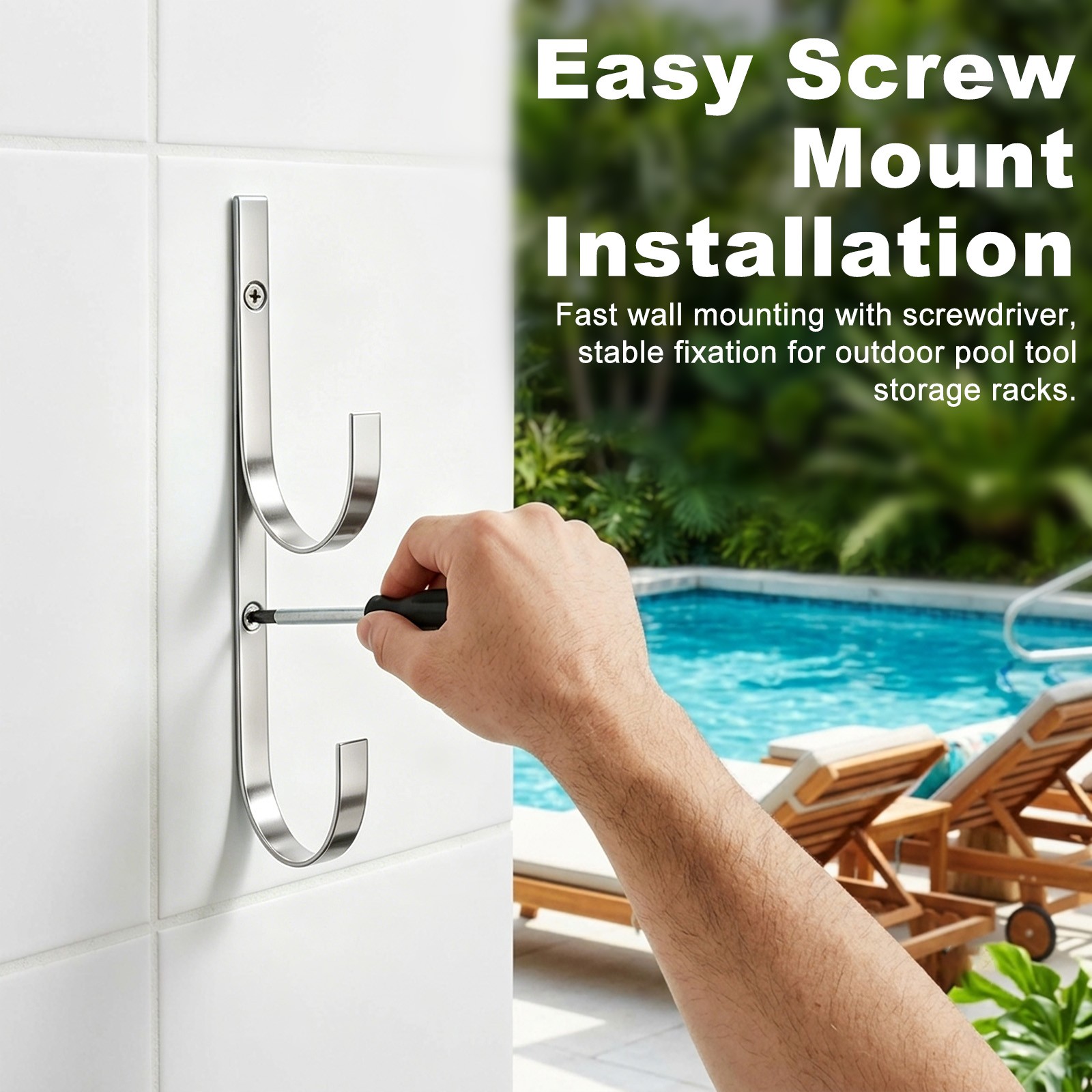 2-Pack Pool Pole Hanger, Iron Pool Hooks with Screws for Garden Tools [Silver]