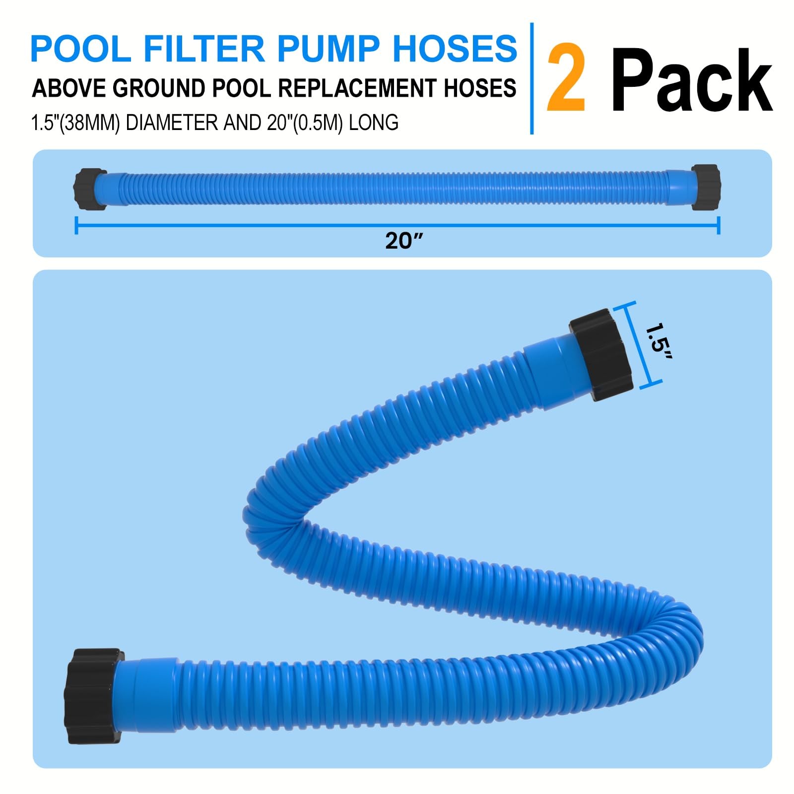 1.5&Prime; x 20&Prime; Pool Hose Replacement, Pack of 2 – Compatible x 20&Prime;, Blue