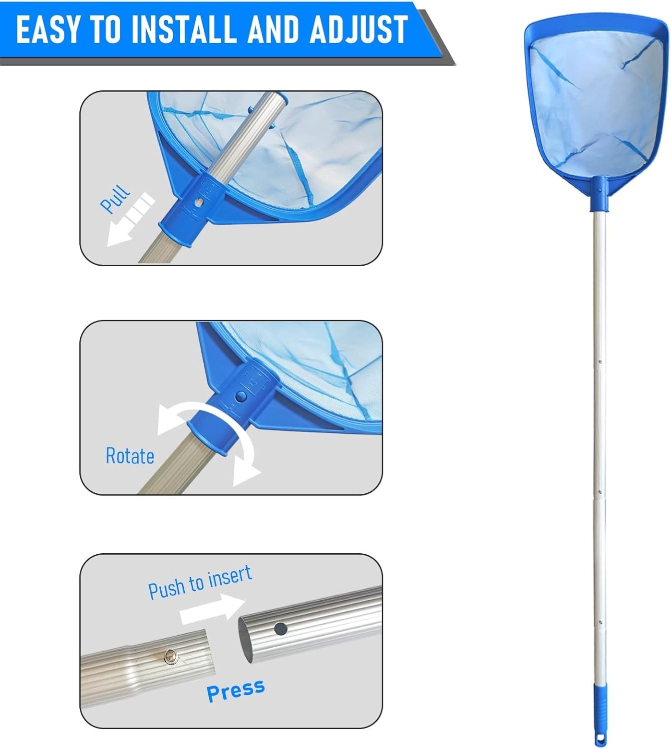 Fine Mesh Pool Leaf Skimmer with 5-Section Aluminum Pole for Effortless Cleaning