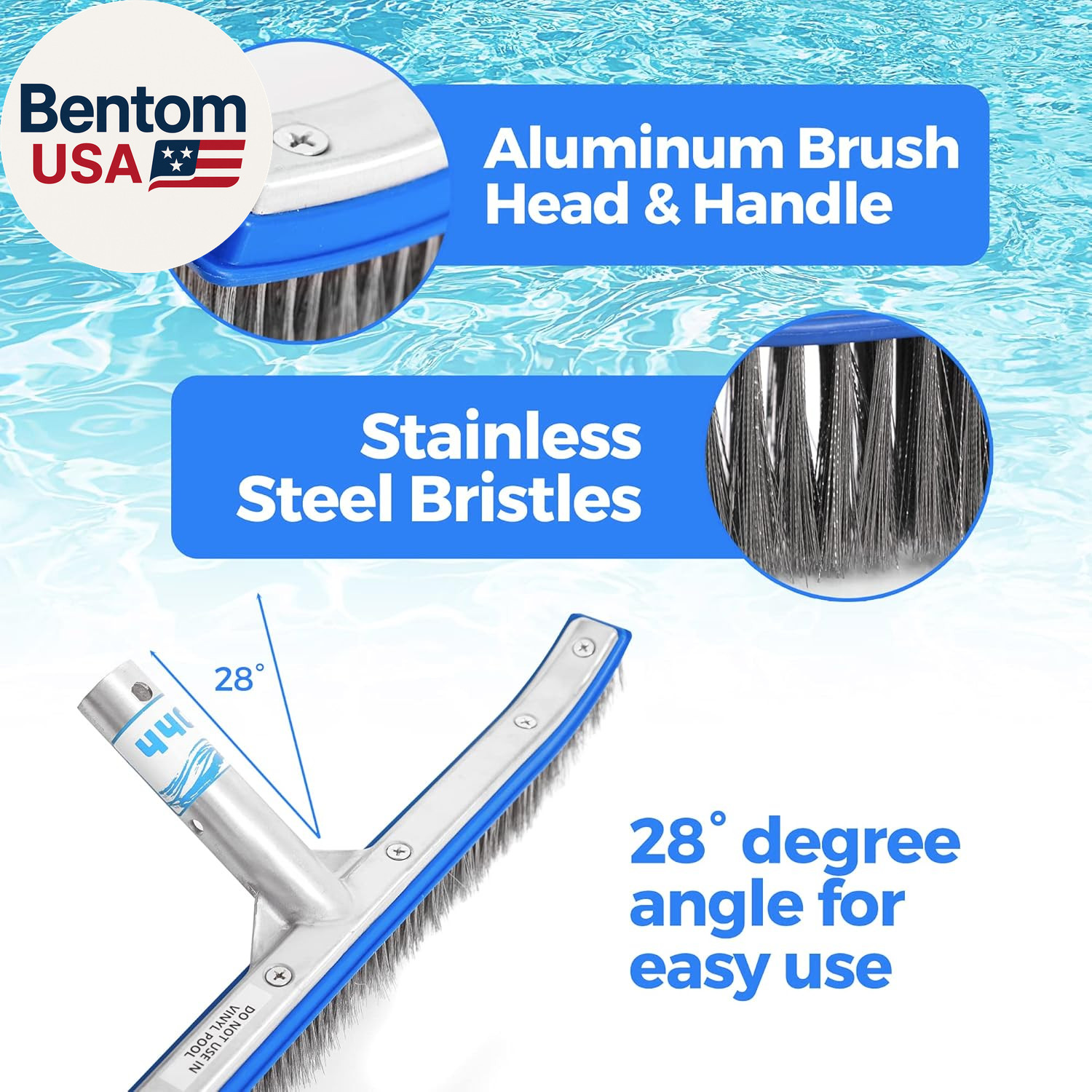 Heavy Duty Pool Brush – 18-Inch Extra-Wide Metal Brush Head with Stainless Steel