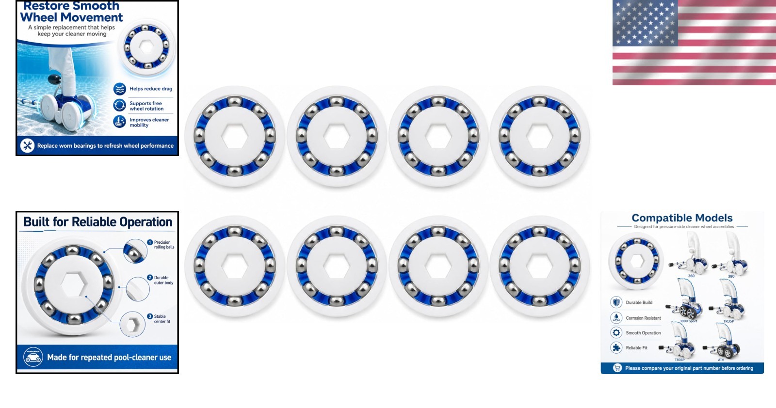 Stainless Steel Wheel Bearings for Polaris Pool Cleaners – 8 Count