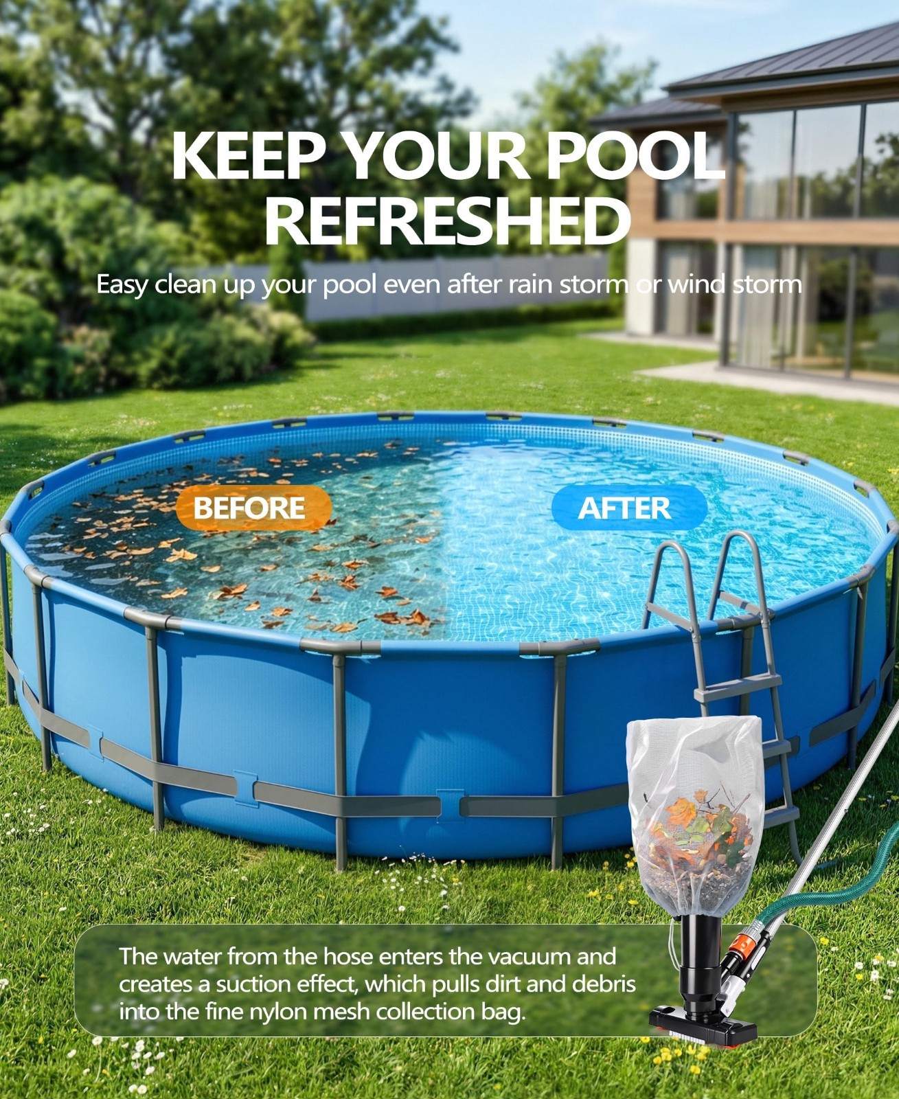 Portable Handheld Pool Vacuum Cleaner for Above Ground Pools & Hot Tubs, 75&Prime; Pol