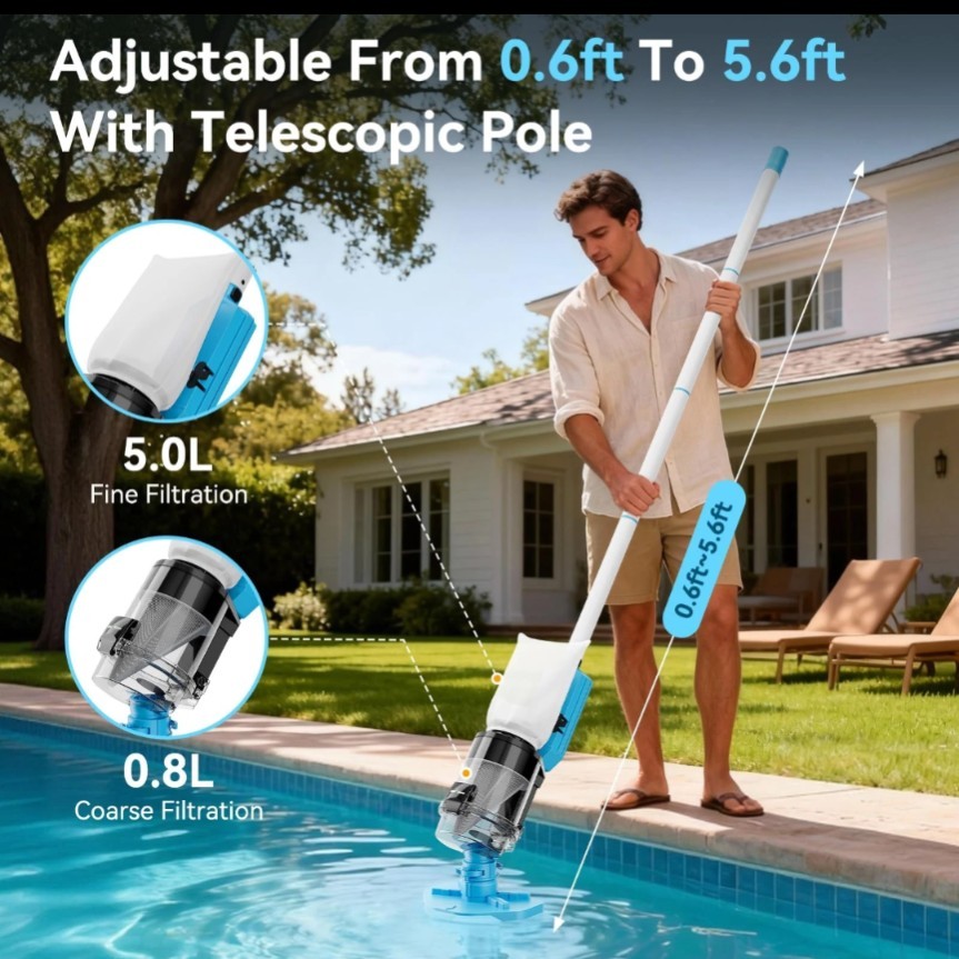 Cordless Pool Vacuum with Telescopic Pole, Powerful 30 GPM Suction, Advanced …