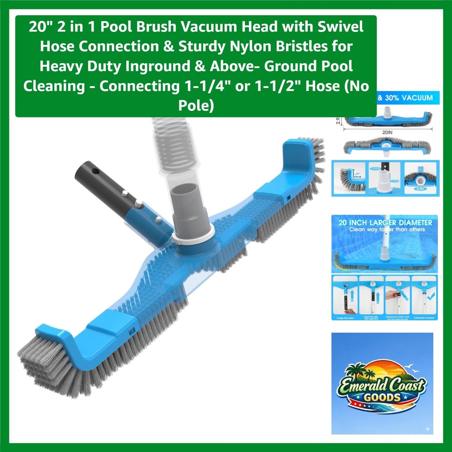 20&Prime; Pool Brush Vacuum Head for Inground & Above-Ground Pool Cleaning
