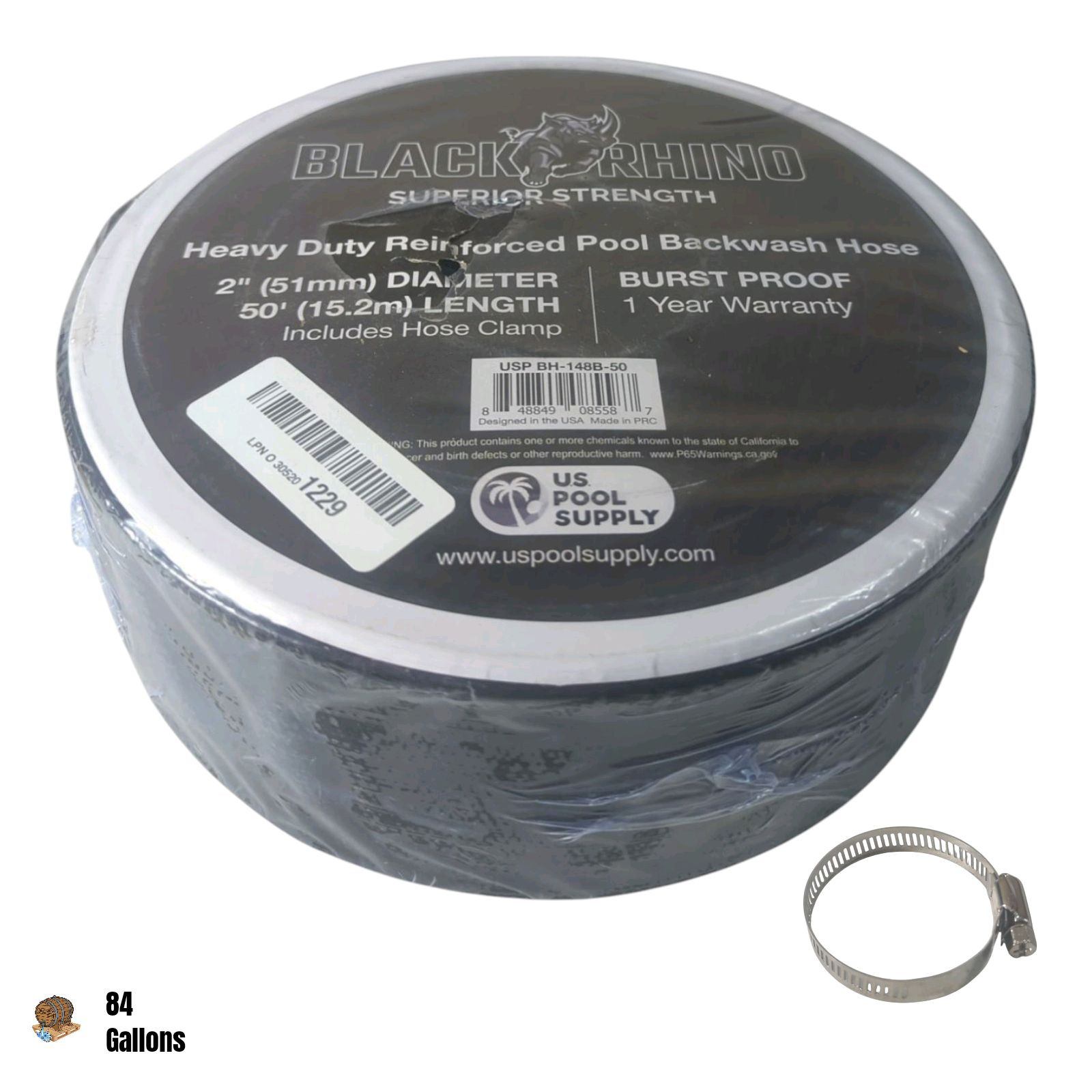U.S. Pool Supply Black Rhino 2&Prime; x 50&prime; Pool Backwash Hose with Hose Clamp