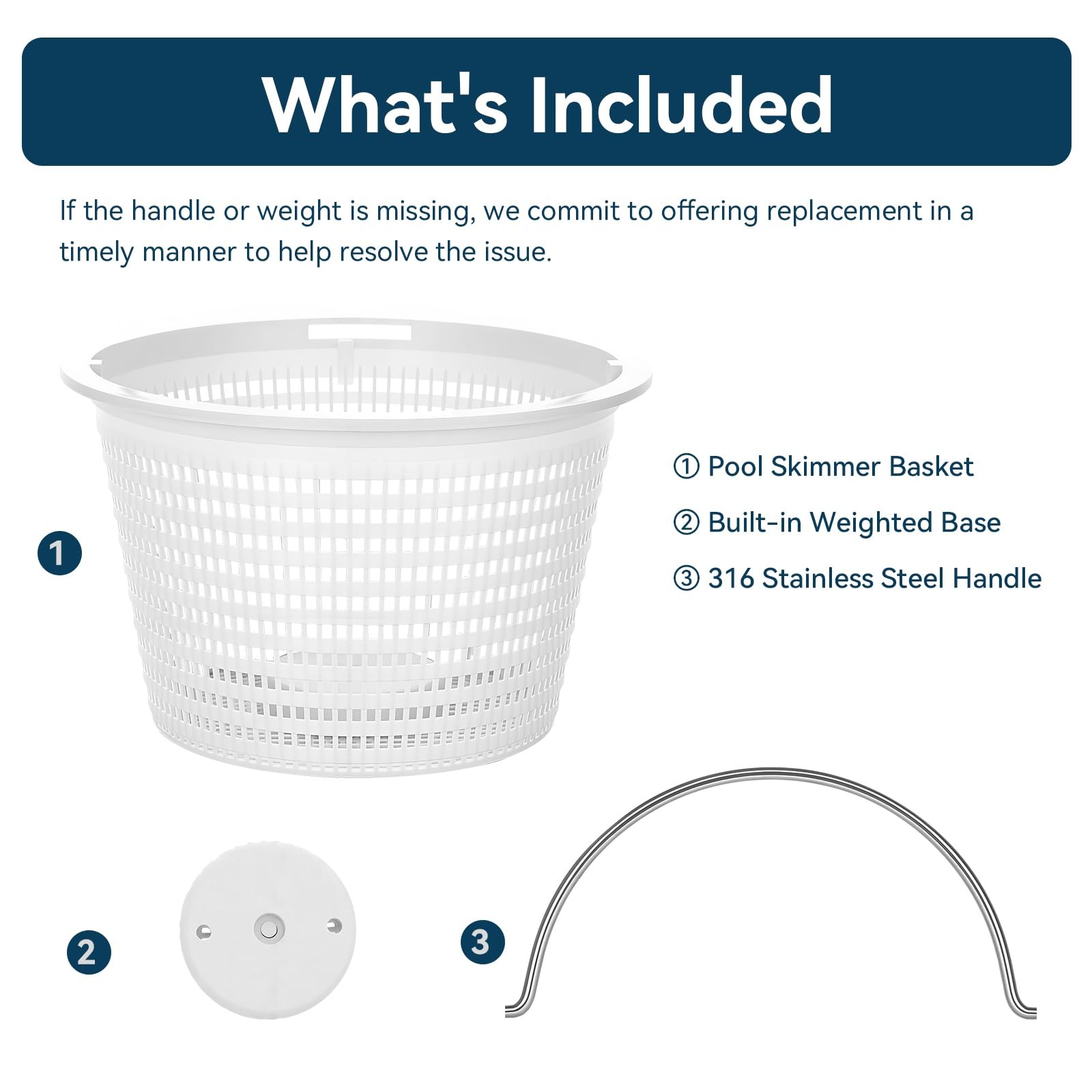 HeavyDuty Pool Skimmer Basket with Stainless Steel Handle, Fits Hayward &