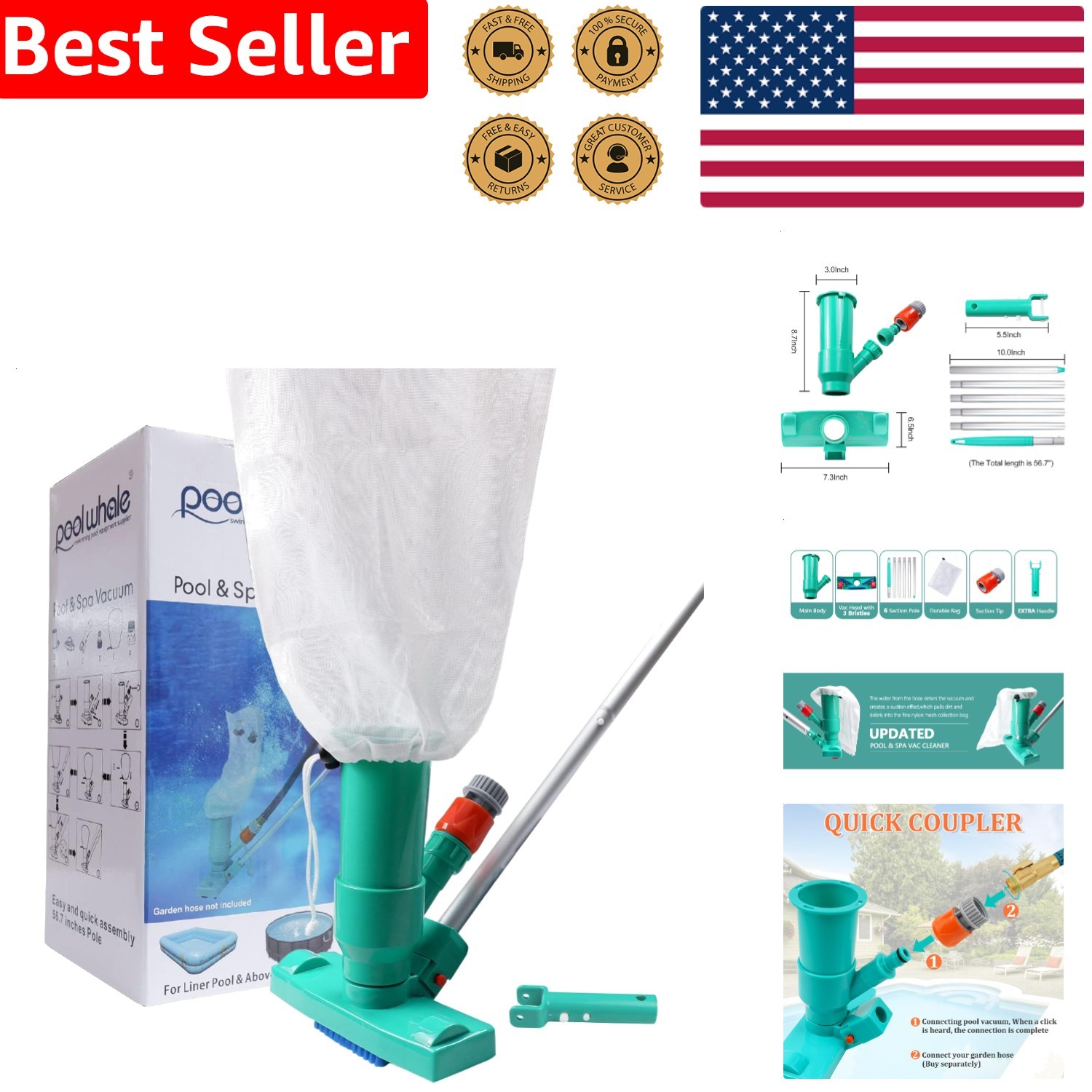 Pool Spa Pond Mini Jet Vacuum Cleaner w/ Telescopic Pole, Brush, Bag