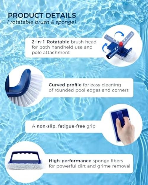 3-in-1 Full-Coverage Pool Brush Head Set – Includes 17.5&Prime; Long Brush,
