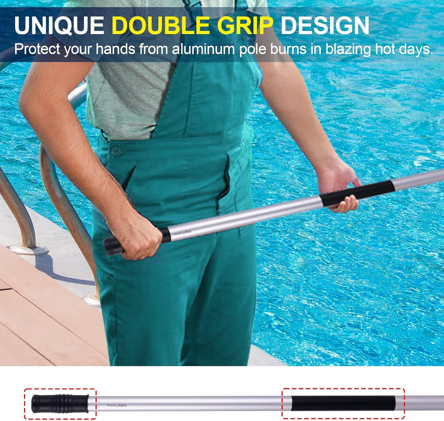 Pool Pole 16ft Heavy Duty, Detachable Swimming Pool Pole with User-Friendly Doub