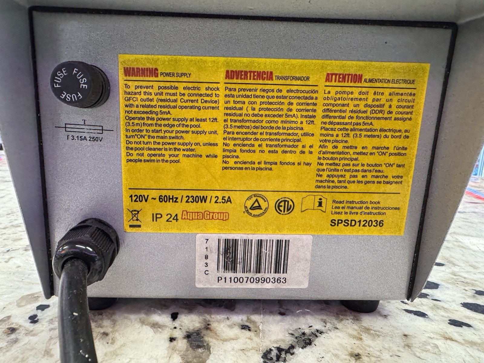 Pool Power Supply Aquagroup 7 Hrs 3 PRONG SPSD12036 120V-60hz / 230w / 2.5a