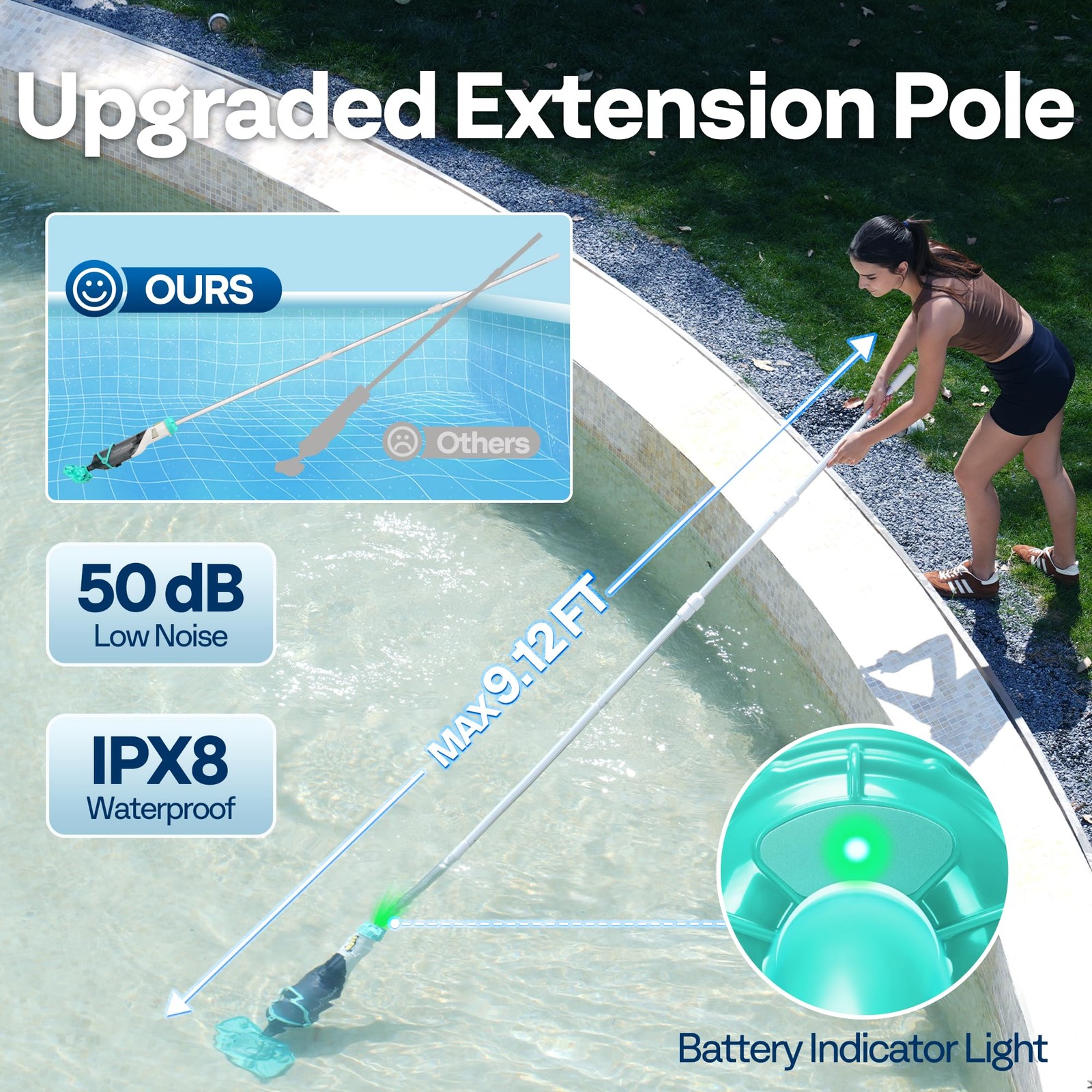 Vivohome Cordless Hot Tub Vacuum Poles 9.12Ft 18.5 Gpm Suction 60-Min Run Time