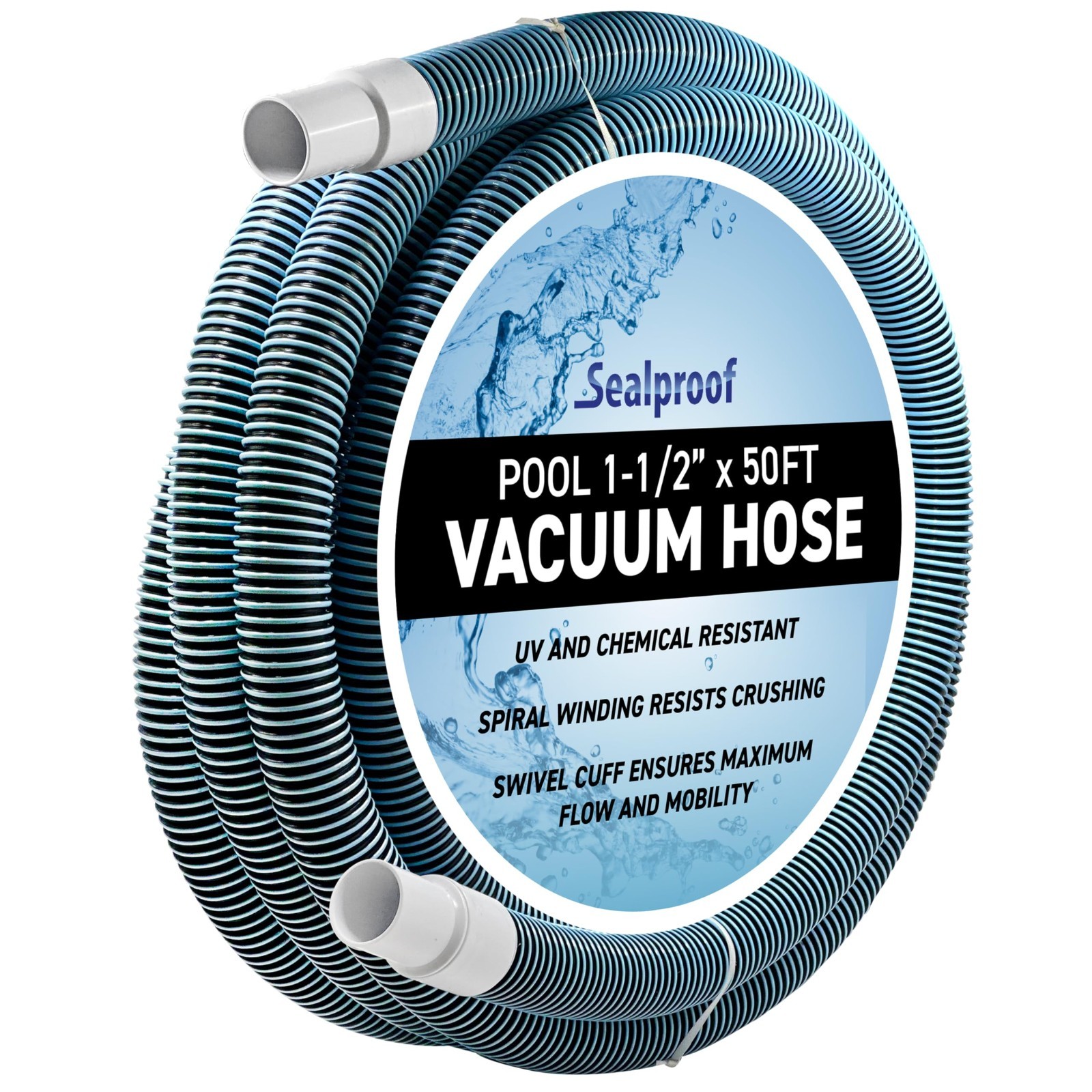 50-Ft Kinkproof Swimming Pool Vacuum Hose 1-1/2&Prime; – Swivel Cuff for Easy Cleaning