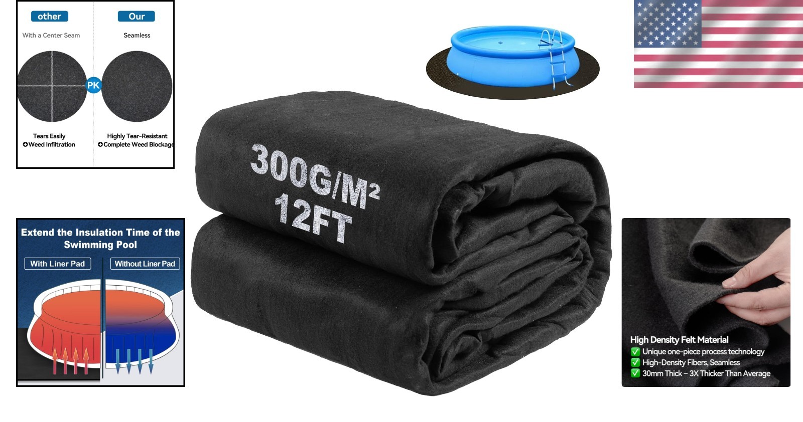 12FT Heavy Duty Pool Pad for Above Ground Pools Puncture Resistant Black