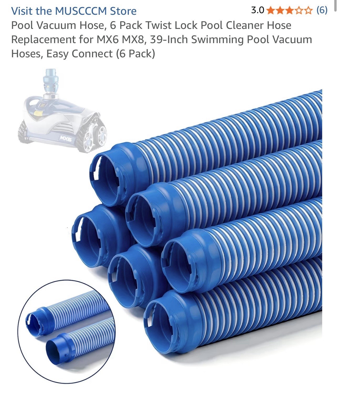 MUSCCCM Twist Lock Easy Connect Pool Hose 6 Pack for MX6 MX8 39-Inch