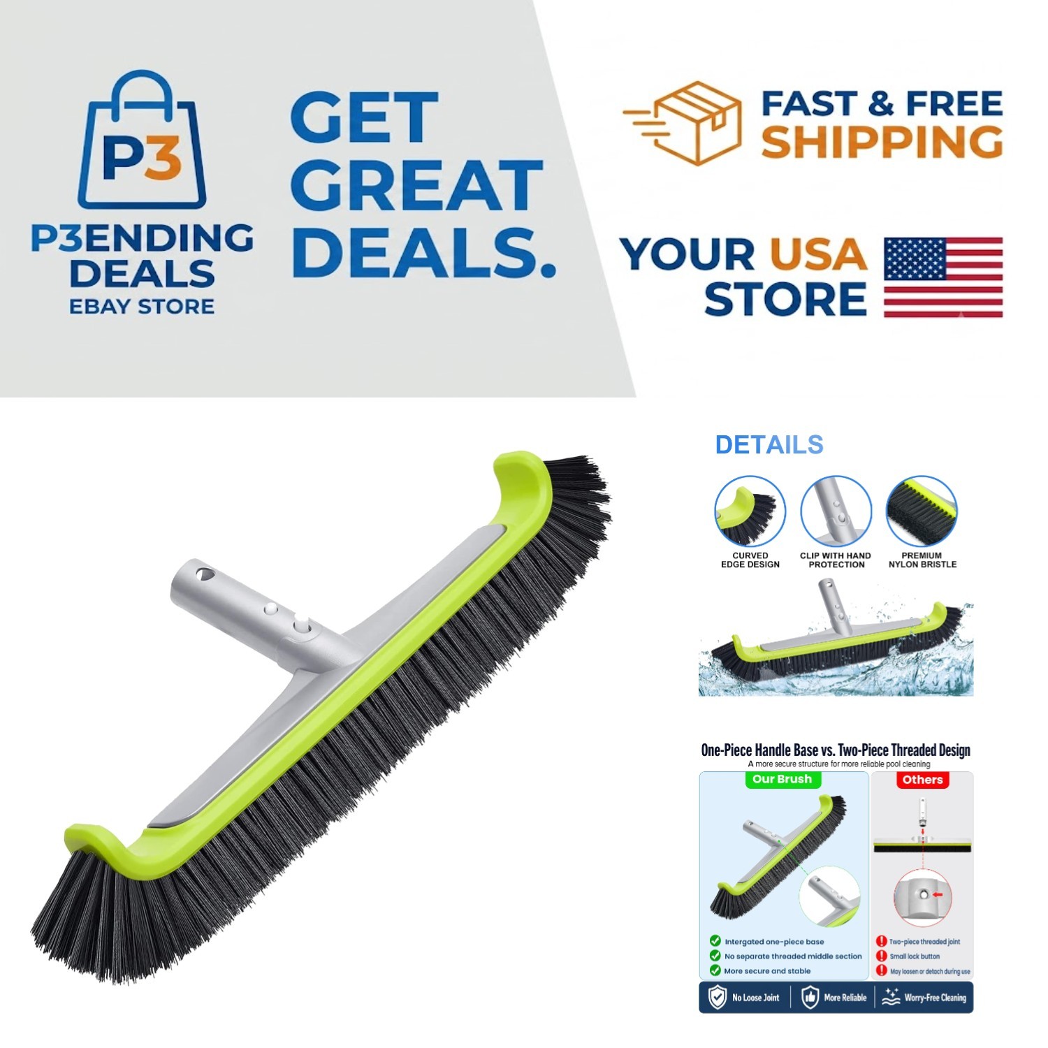 Curved Edge 17.5&Prime; Heavy Duty Pool Brush – Perfect for Corners & Tough Cleaning