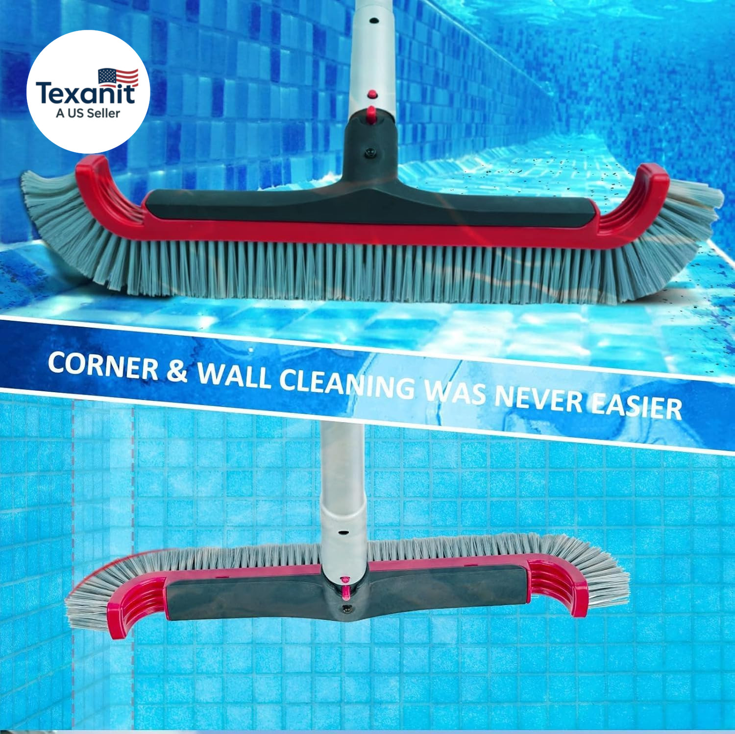 Swimming Pool Brush with Pole – 17.5&Prime; Wall Brush with 10FT Adjustable Aluminum P