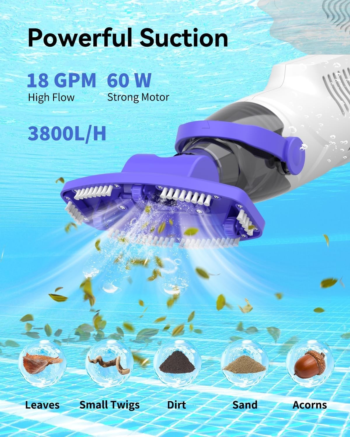 2026 Upgraded Cordless Pool Vacuum 18 GPM Suction 3-Head Cleaner White