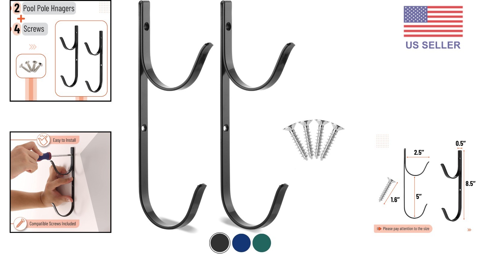 Heavy-Duty Black Aluminum Pool Pole Hangers – 2 Pack for Efficient Storage