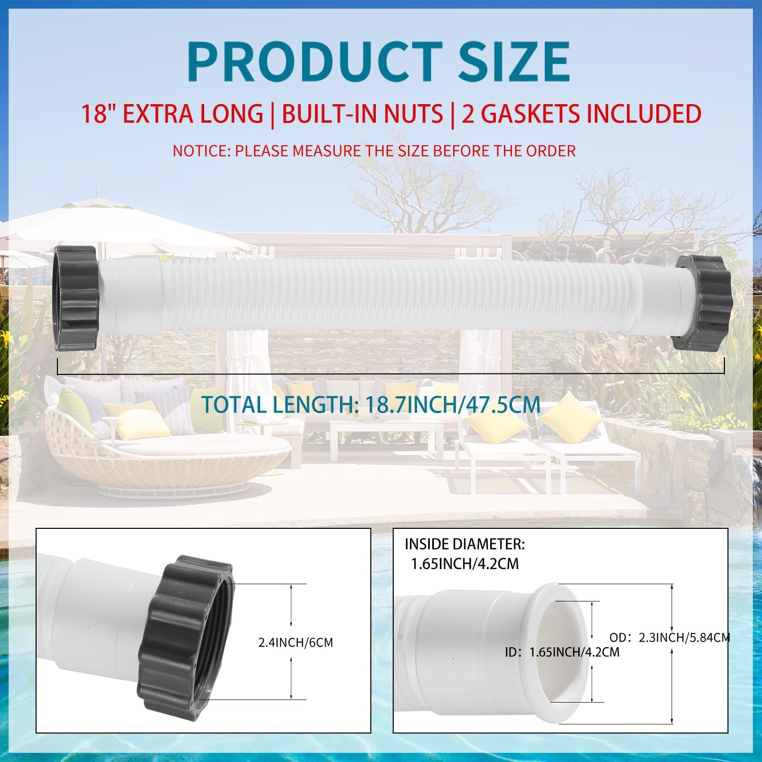 Pihil 18 Inch 11535 Pool Sand Filter Pump Hose Interconnecting Hose 2 Gaskets