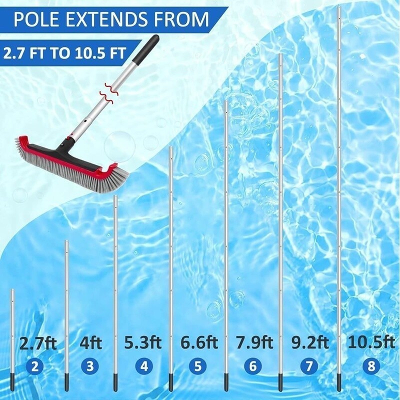 Swimming Pool Brush W/ 10FT Adjustable Pole Nylon Bristles EZ Clip Handle Home