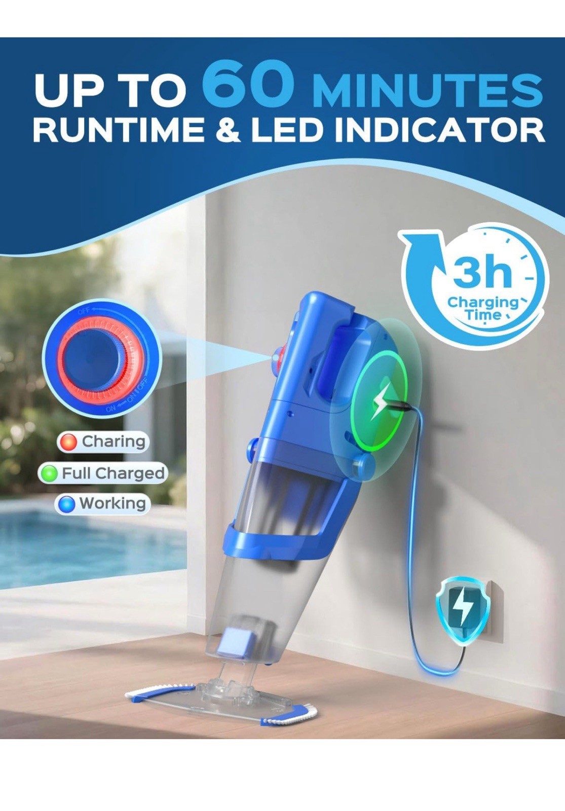 Cordless Pool Vacuum with Telescopic Pole, 18.5 GPM Powerful Suction – Deep Blue