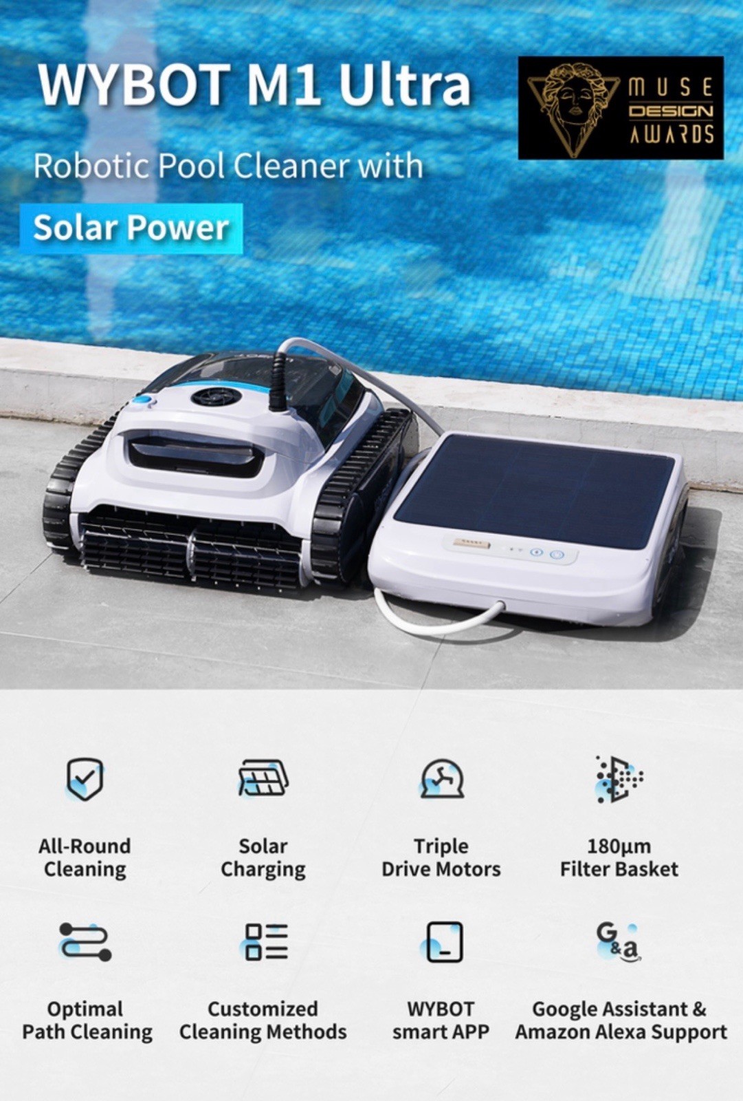 WYBOT M1 Ultra Solar Cordless Robotic Pool Cleaner WiFi/App Triple Motors