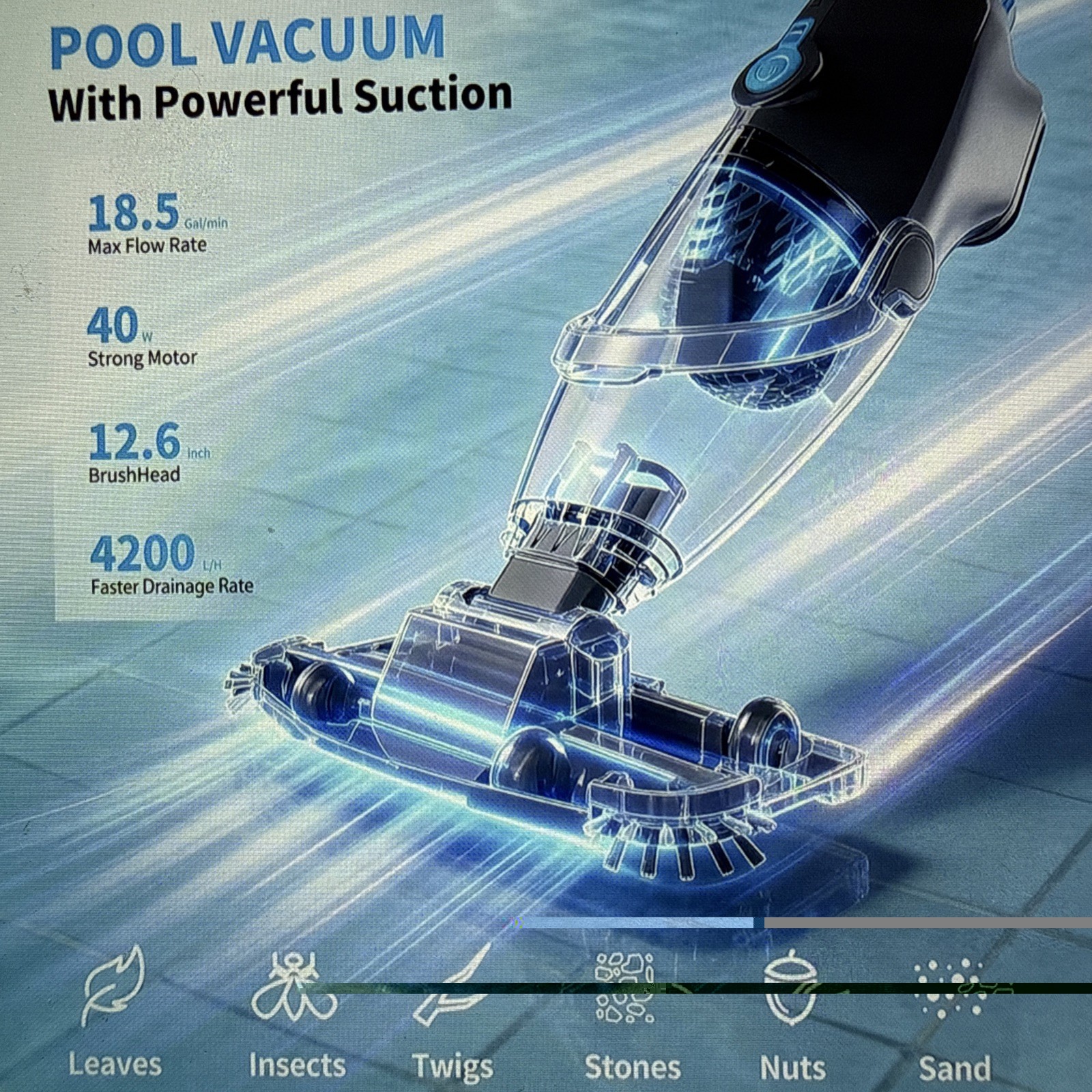 Cordless Handheld Pool Vacuum, 18.5GPM, Detachable Poll, 2x 2L Filters Bags